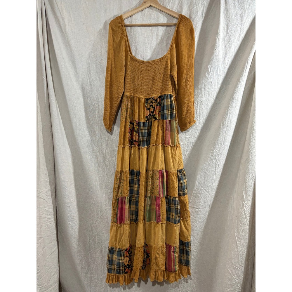 Young Threads Mustard Yellow Patchwork Smocked Maxi Dress Long Sleeve Small Boho